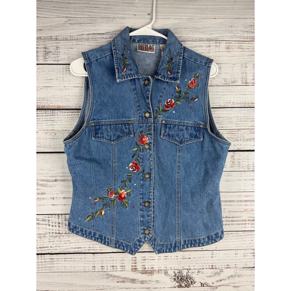 Vintage Bill Blass Denim Vest Medium Floral Embroidery 90s Western Boho Hippie